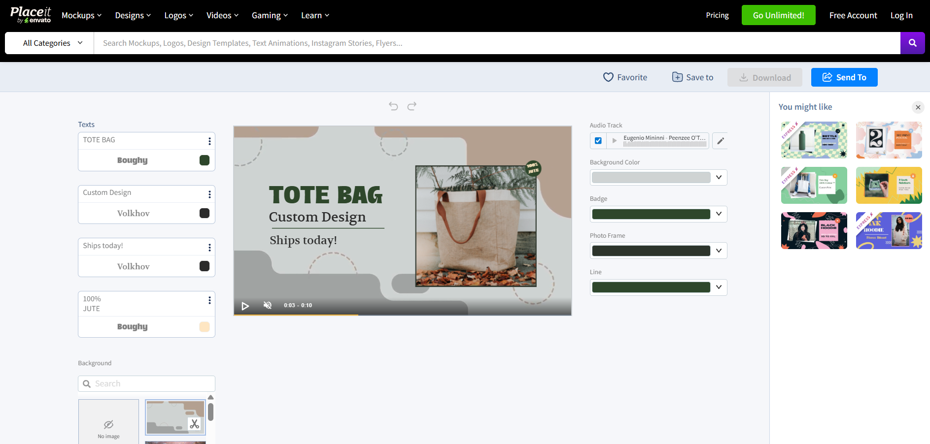 Placeit video editor showing a tote bag promo template with text editing, color controls, and audio track options